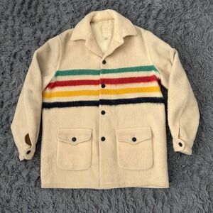 Vintage Hudson's Bay Stripe Blanket Peacoat Jacket 100% Wool Size Large Rare